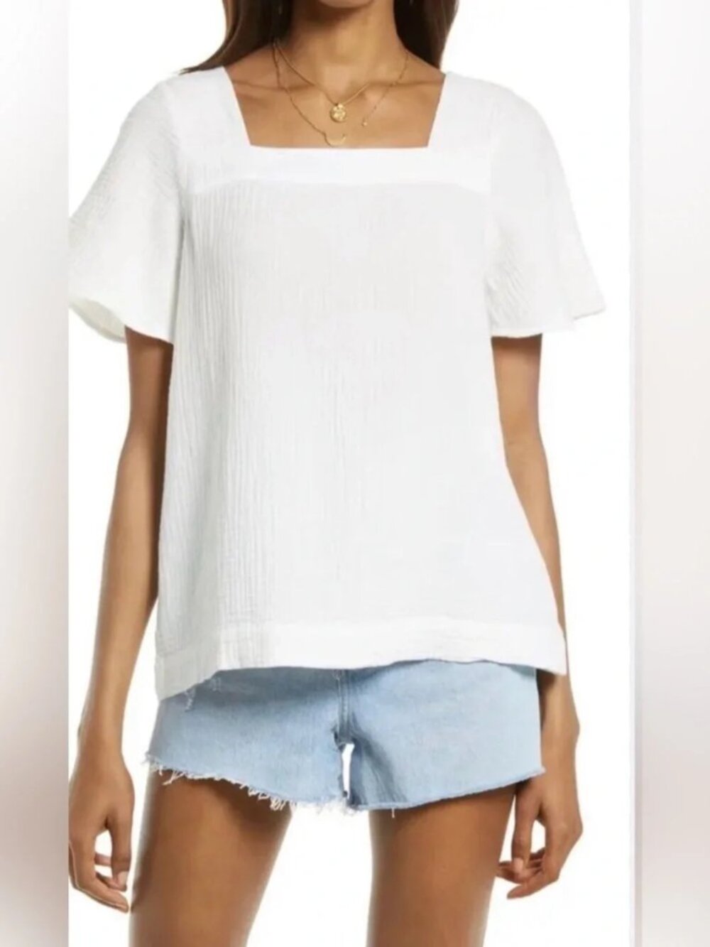 Madewell Harlow White Double Gauze Soft Square-Neck Flutter Sleeve Top Size XXS